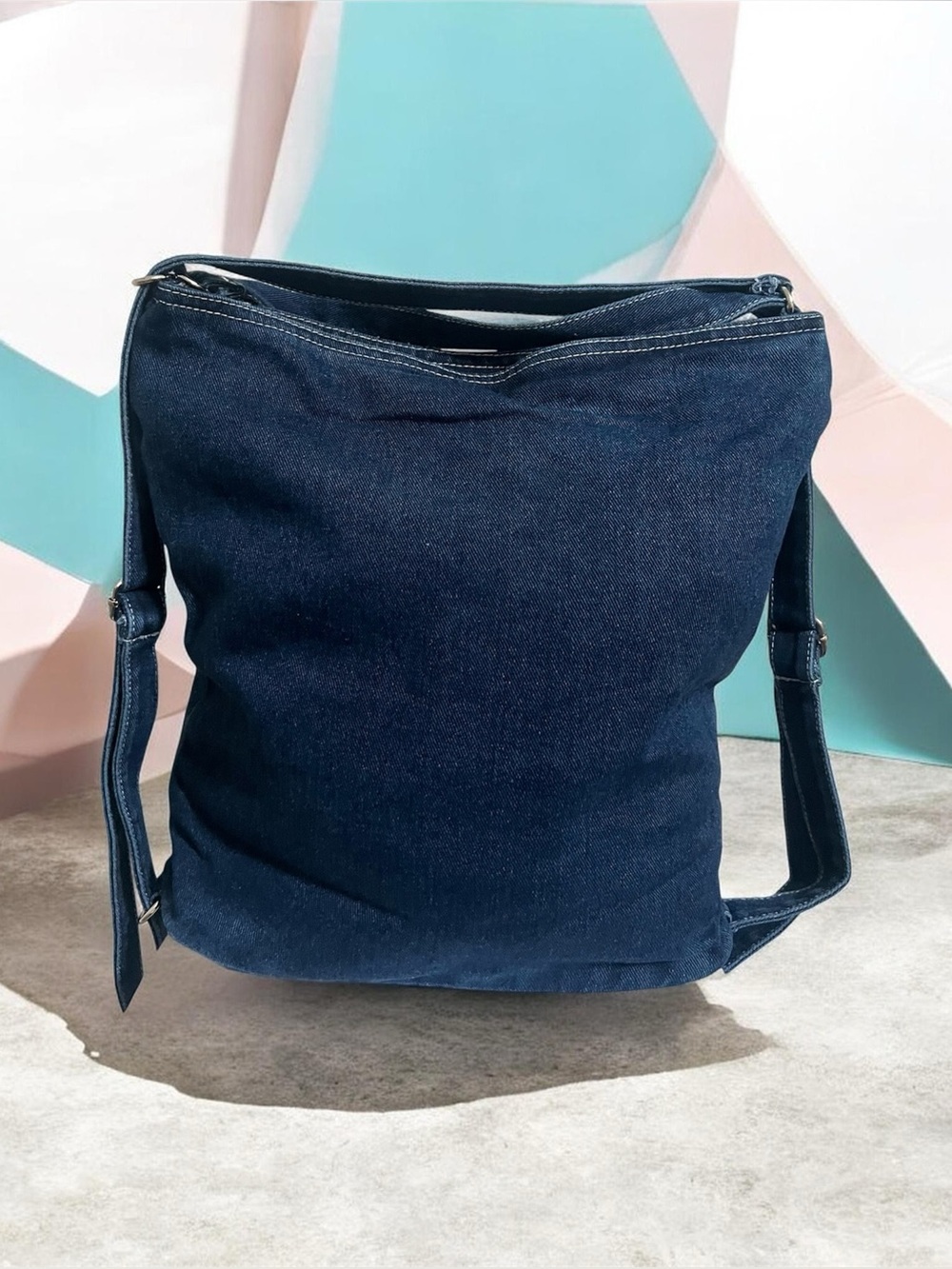 Denim Hobo Shoulder Bag - Dark Blue - Picture 3 of 9